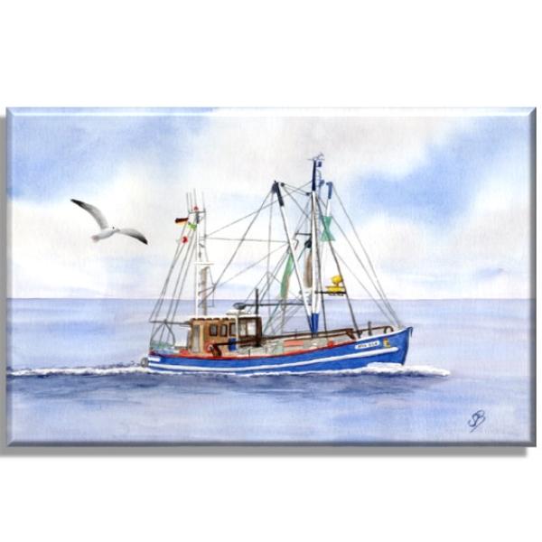 Leinwand 40 x 30 cm Keilrahmen Canvas-Leinen Aquarell Maritim Kunst Druck Kunstdruck Nordsee Cuxhaven Fischerboot Kutter Fischkutter blau Meer Boot Möwen